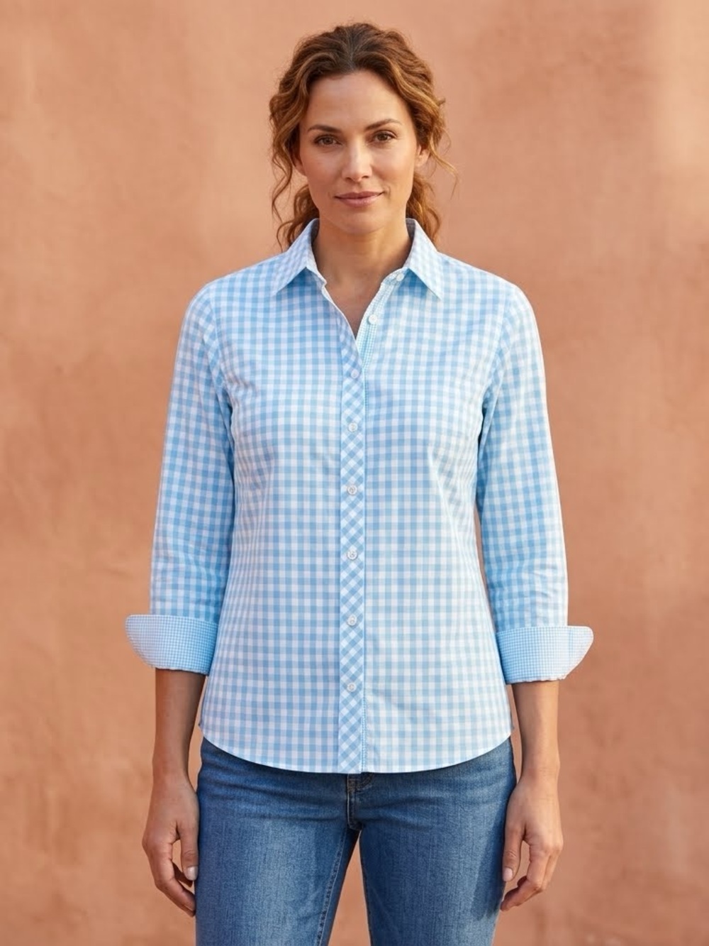 Talbots Classic Gingham Cotton Button Down Shirt Blue White Petite Small VGUC